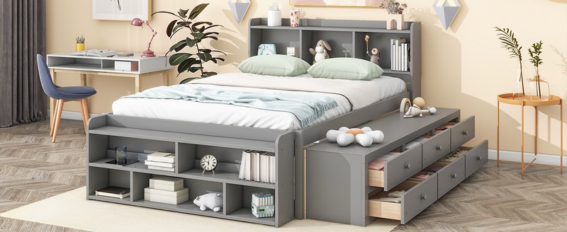 Wooden Full Size Bed Frame with Bookcase Storage Headboard and Drawers/Case Gray gallery