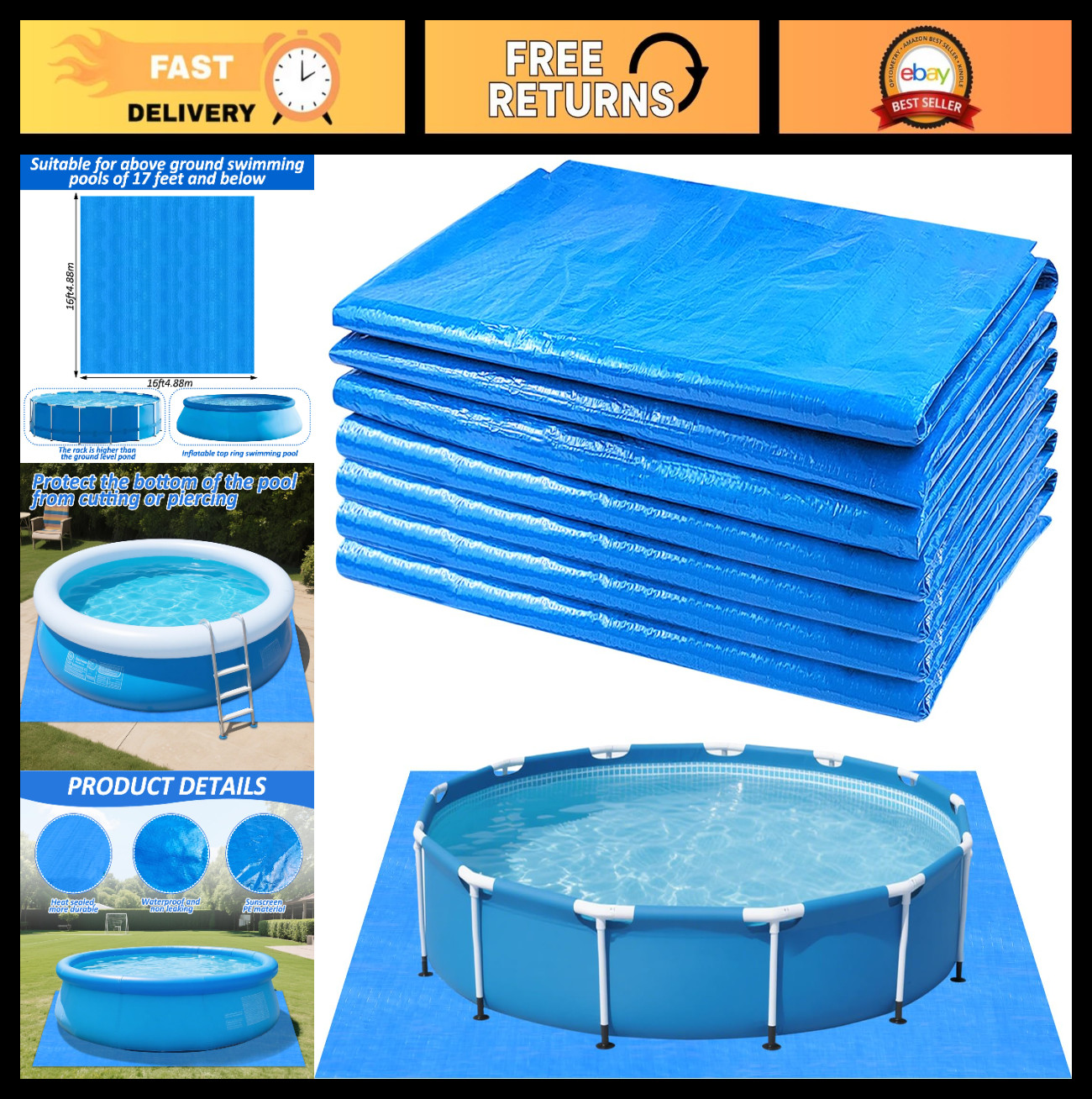 Heavy-Duty 16Ft Waterproof Pool Ground Cloth, Liner Pad for Above Ground Pools, gallery