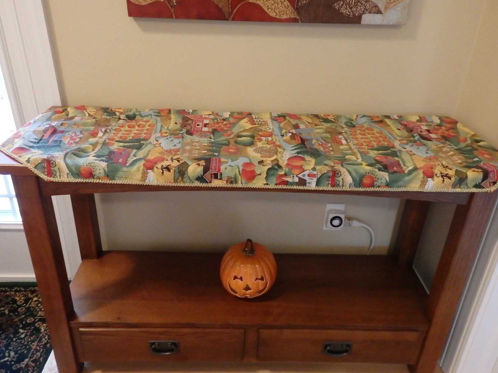 Handcrafted Thanksgiving Harvest Scene Table Runner 20" W x 59" L Gold Trim gallery