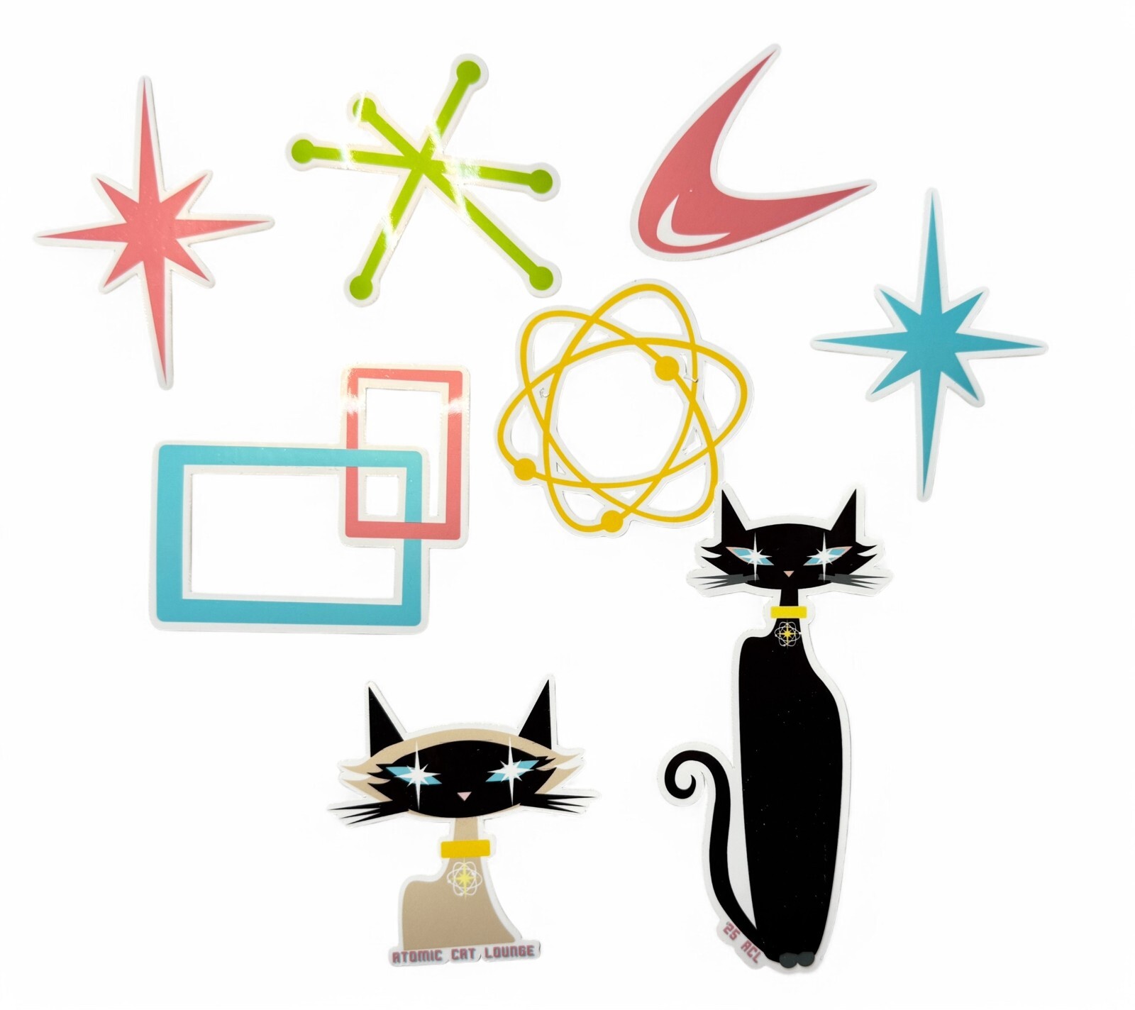 Set 8 Atomic Mid Century Symbol Vinyl Stickers - Starburst Atom Black Cat gallery