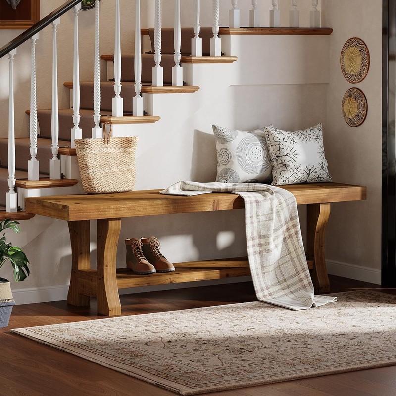 55-Inch Solid Wood Entryway Bench, Indoor End of Bed Bench with Storage Shelf gallery