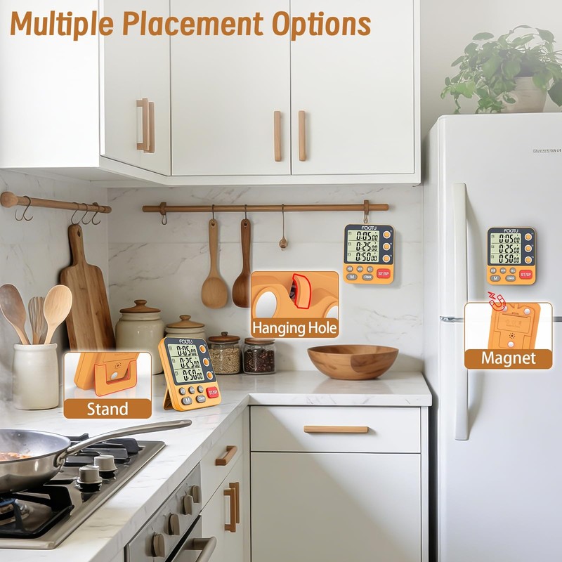 FCXJTU Digital Dual Triple Kitchen Timer, 3-Channel Orange gallery