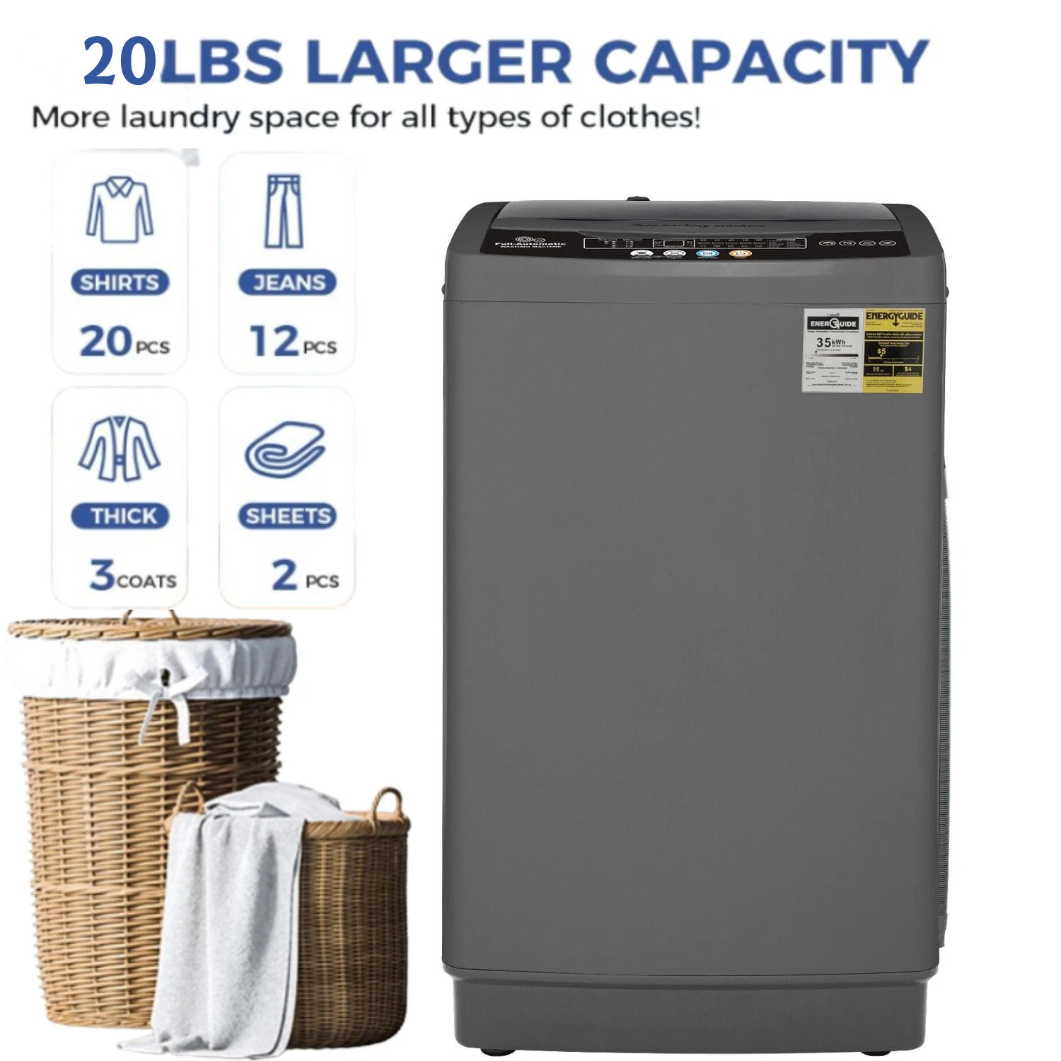 20/15.6lbs Full Automatic Washing Machine Compact Laundry Washer w/ Drain Pump- gallery