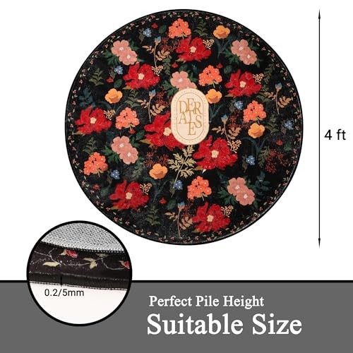ROTTOGOON ROUND RUG 4FT WASHABLE CIRCLE SOFT FLORAL RUG RUBBER BACKING - BLACK gallery