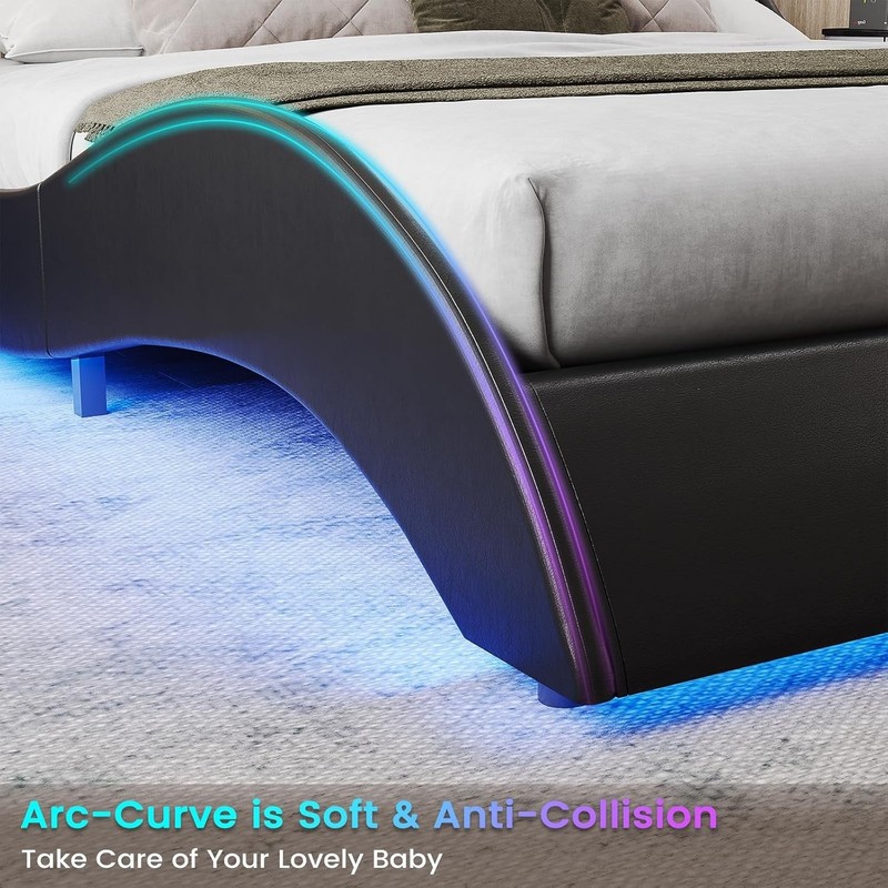 King Size Bed Frame with Headboard,Charging Station,Led Lights Upholstered Beds gallery