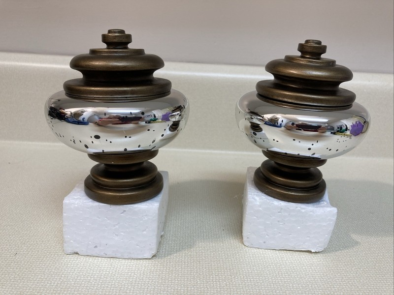 Two sets drapery rod finials, Mercury Glass w/Antique Brass finish. Paris Hrdwr gallery