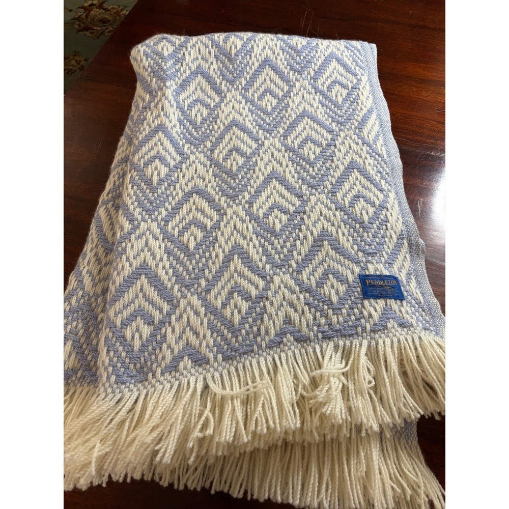 Pendleton Vintage Wool Throw Blanket 66x57 Blue Diamond Geometric Fringe USA