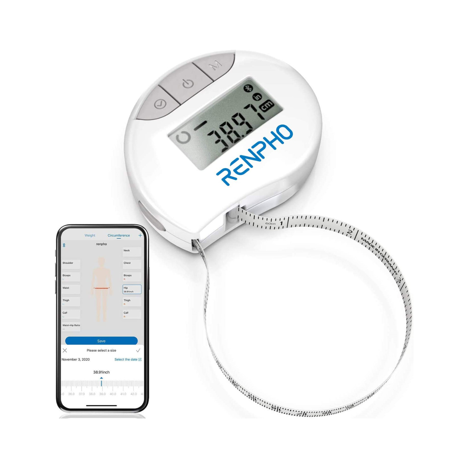 RENPHO Smart Tape Measure Body Measuring Tape for Weight Loss Bluetooth Tape US gallery
