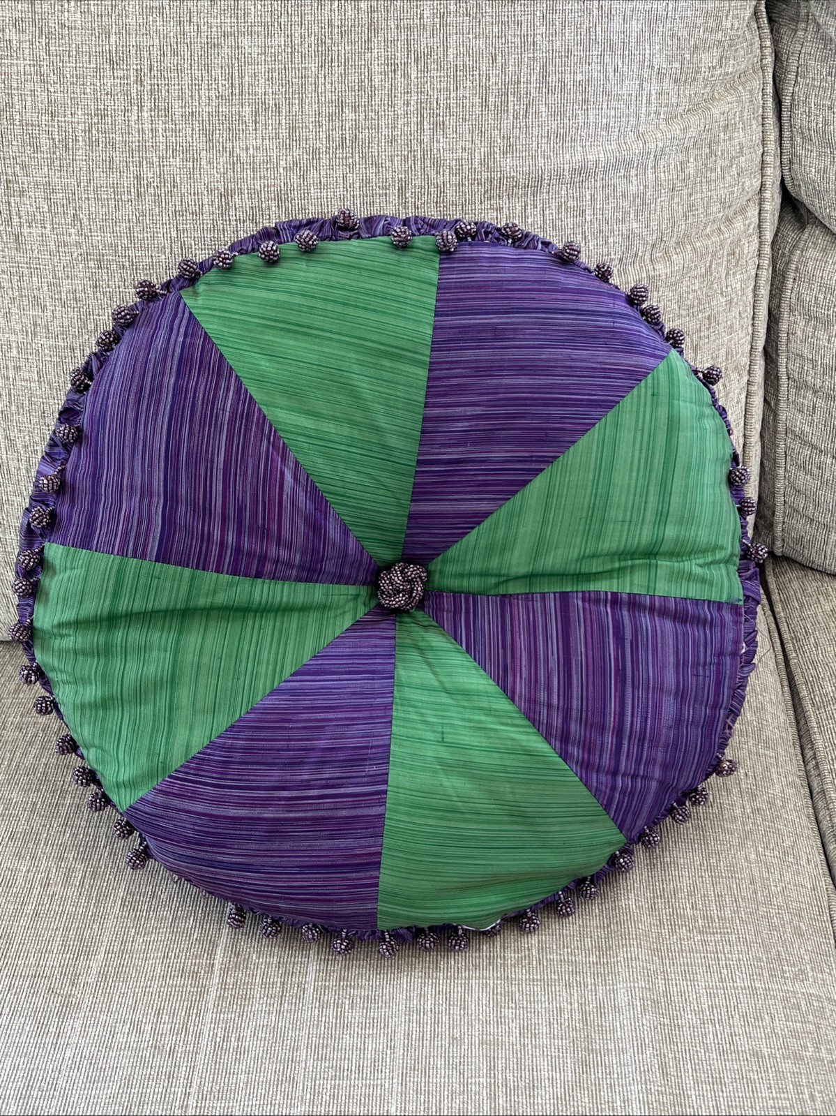 Silk Beaded Throw Pillow Round Rectangular Green Handmade Boho Colorful 18” gallery