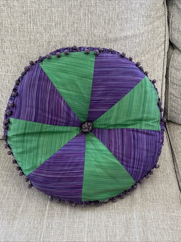 Silk Beaded Throw Pillow Round Rectangular Green Handmade Boho Colorful 18” gallery