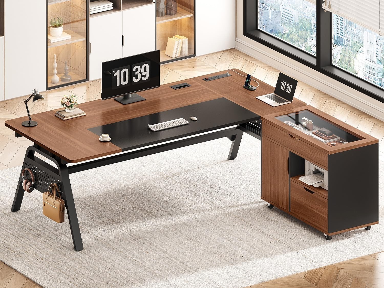 L Shaped Computer Desk with Mobile File Cabinet Executive Desk w/Storage Drawers gallery