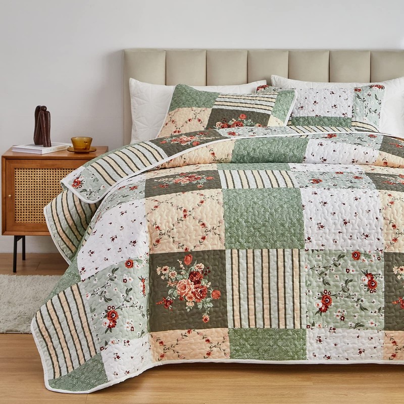 Patchwork Quilt Set Full/Queen Size, 3 Pieces Green Floral Plaid Summer Bedsp... gallery