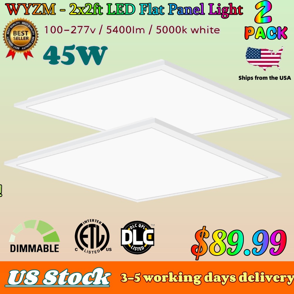2 Pack 2x2FT LED Flat Panel Light 5400LM 45W 5000K Dimmable Drop Ceiling Office