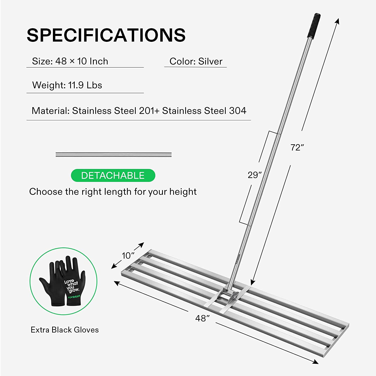 VIVOSUN 48"x10" Lawn Leveling Rake Stainless Lawn Leveler 78" Adjuatble Handle gallery
