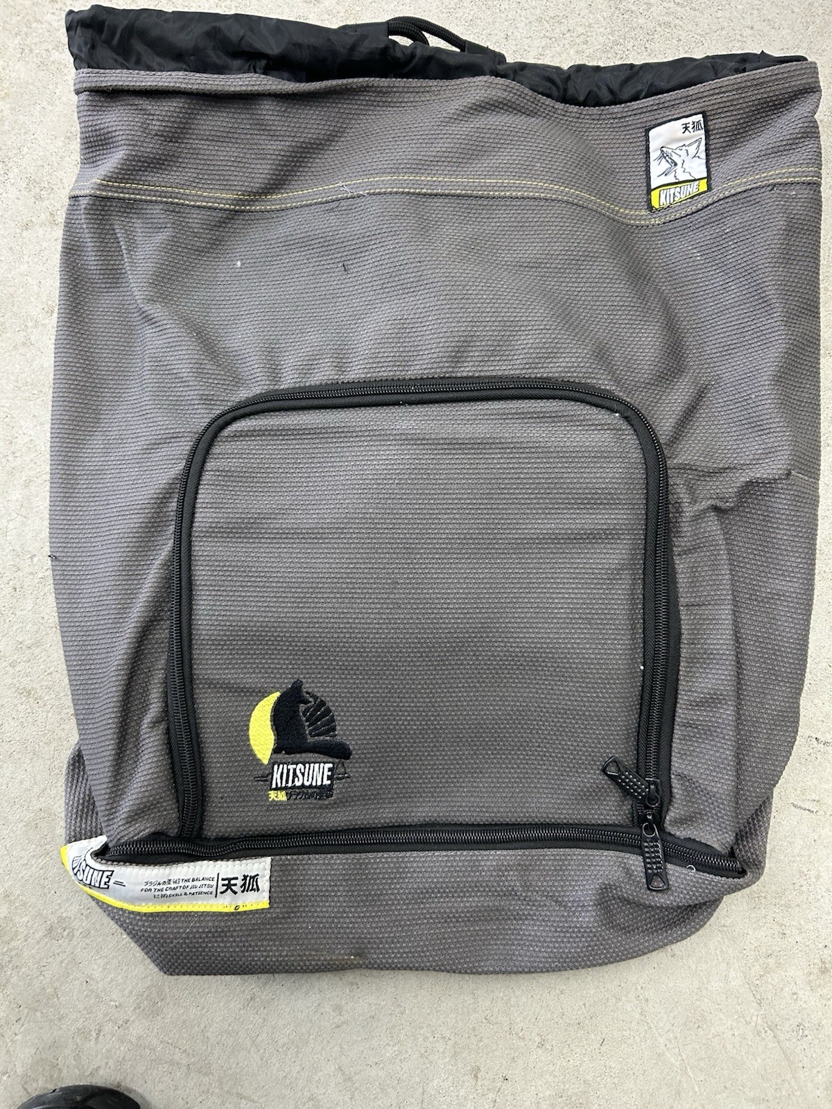 Kitsune Gray Black Hiking Backpack Drawstring Zip Front Pocket Adjustable Straps 3