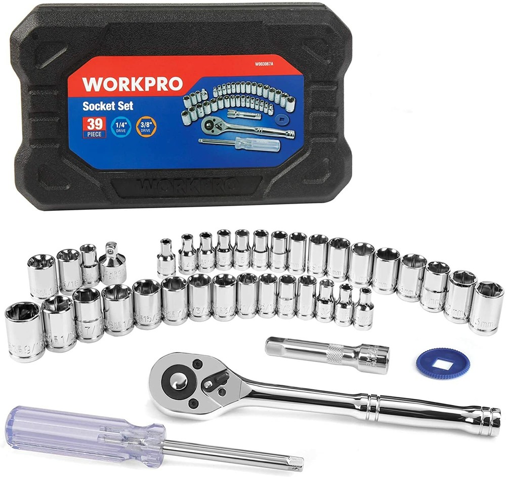 WORKPRO 39-Piece Drive Socket Set 1/4" 3/8" Socket Wrench Set Metric SAE w/Case