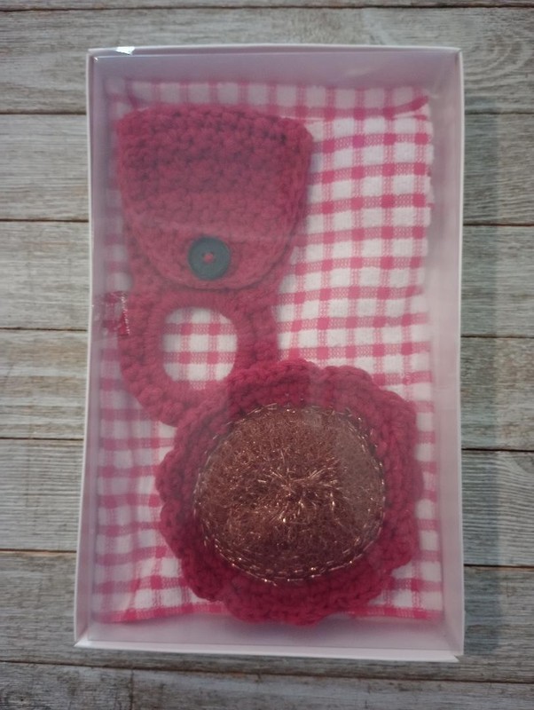 crochet handmade kitchen gift box set scrubby towel holder hanger red black gallery
