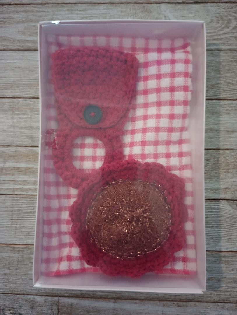 crochet handmade kitchen gift box set scrubby towel holder hanger red black gallery