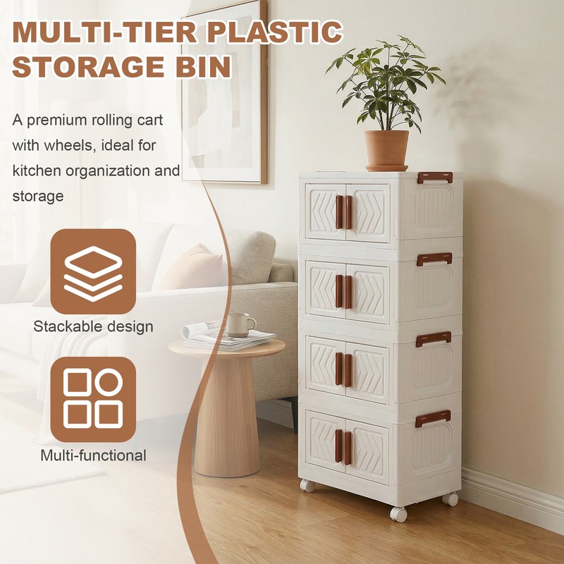 4 Tier Folding Storage Cabinet Stackable Boxes with Magnetic Doors & Wheels US gallery
