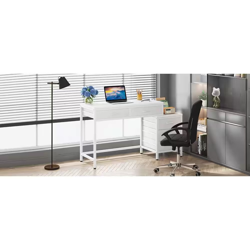 Moronia 51 In. Retangular White Computer Desk 5-Storage Drawers Home Office Stud gallery