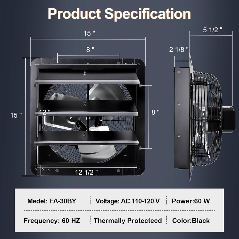 Wall Mounted Shutter Exhaust Fan with Thermostat and Speed Controller for Attic gallery