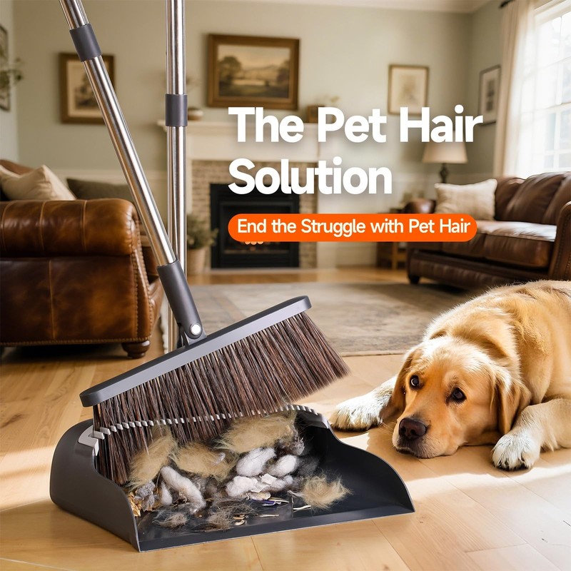Broom and Dustpan Set, Extra Brush Head & 52" Adjustable Long Handle Standing... gallery