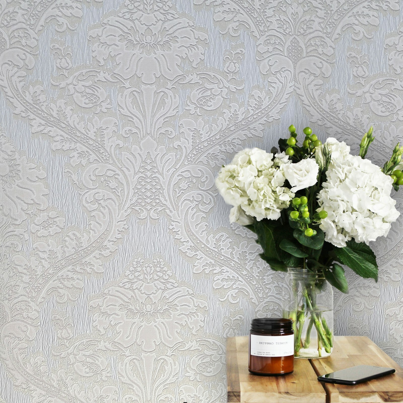 Embossed Wallpaper beige gray silver metallic heavy Textured Victorian damask 3D gallery
