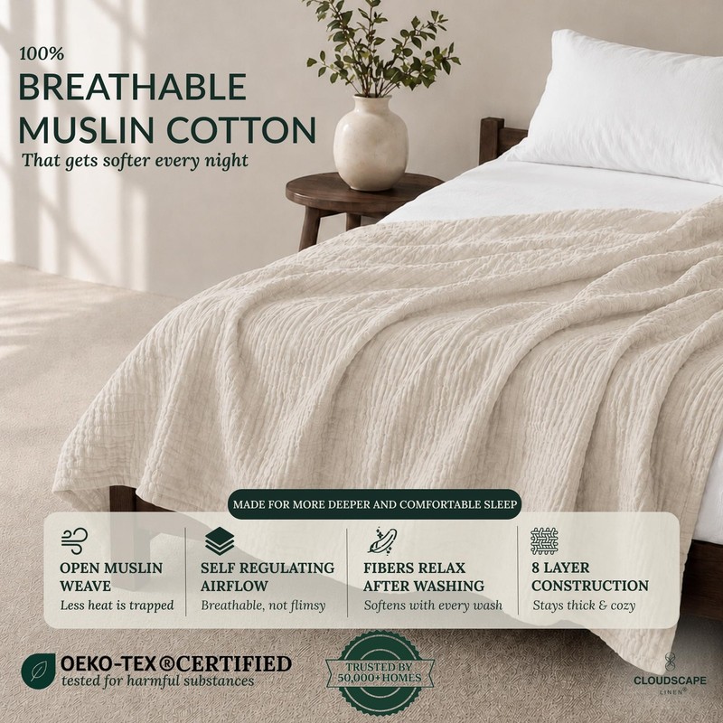 CLOUDSCAPE 8 Layer Muslin Blanket for Adults, 100% Cotton Gauze Blanket King ... gallery