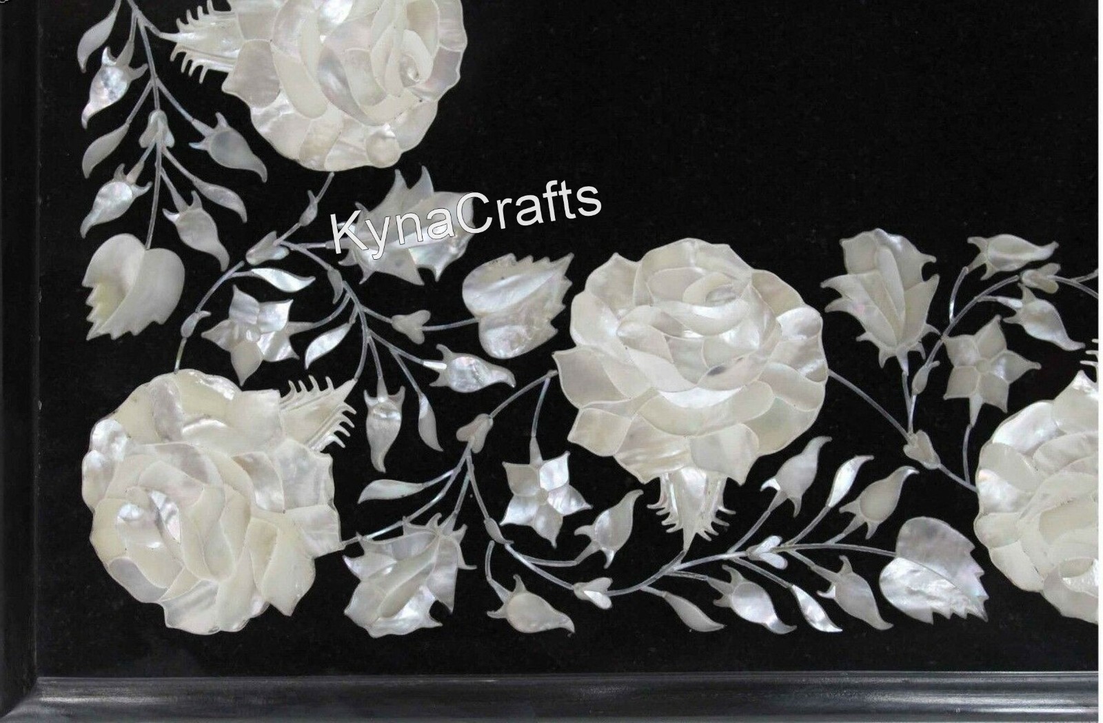 Black Marble Coffee Table Top Floral Design Inlay Work Center Table for Office gallery