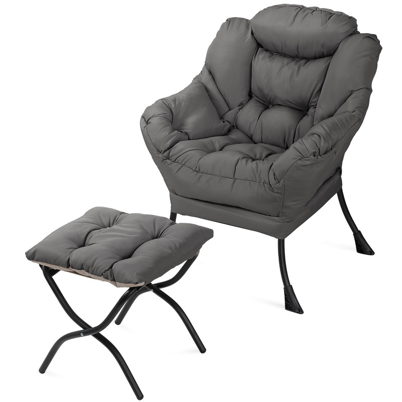 Gray Soft Accent Chair Upholstered Modern Living Room Lazy Sofa Chair w/Ottoman gallery
