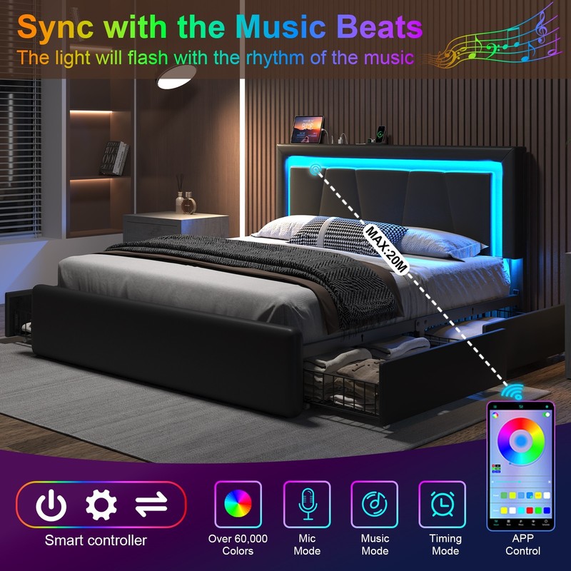 Full/Queen Upholstered Bed Frame, LED Light and Adjustable Headboard, 4 Drawers gallery