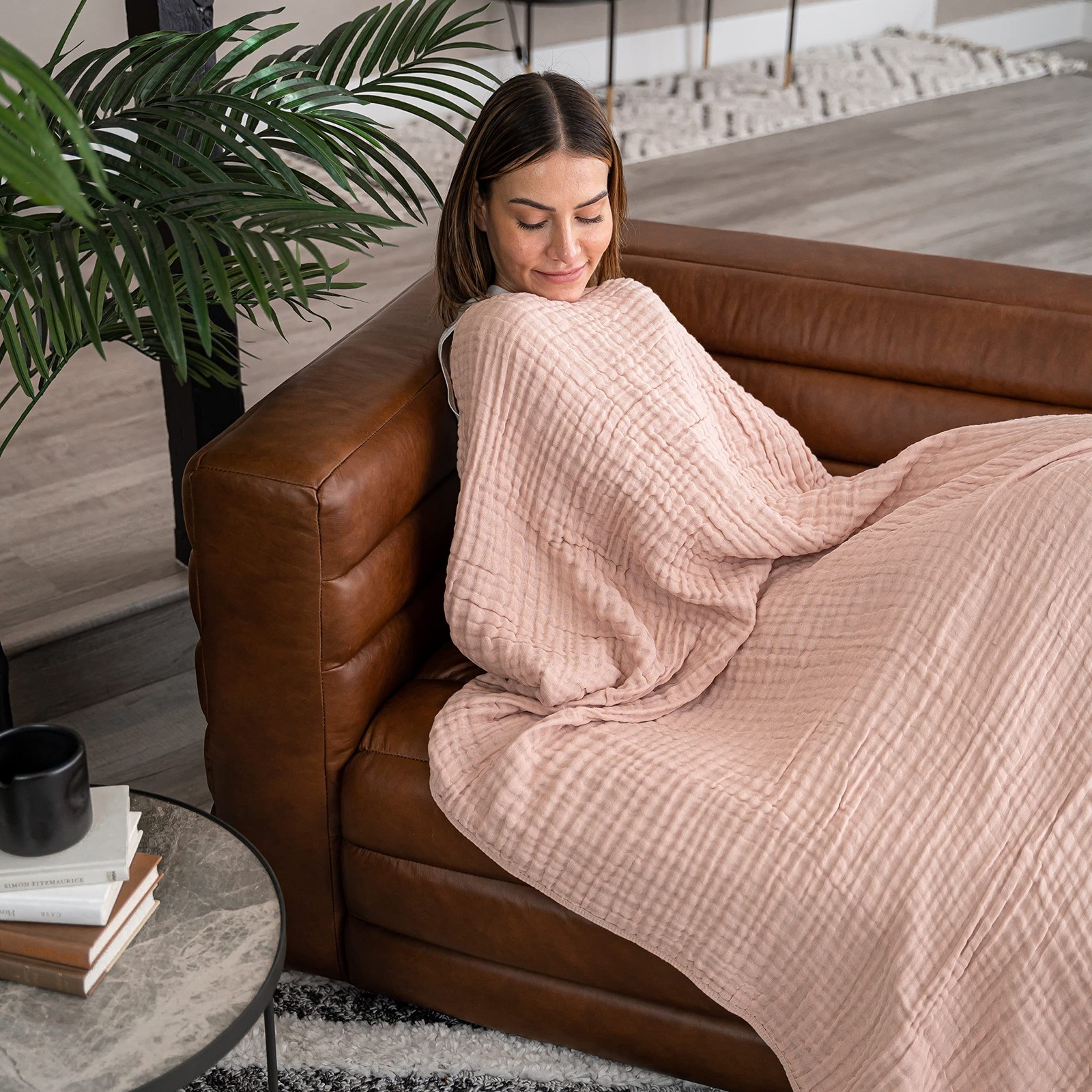 Muslin Throw Blanket Quilted Design 6-Layer Gauze Soft Cotton Blush 50x60 gallery
