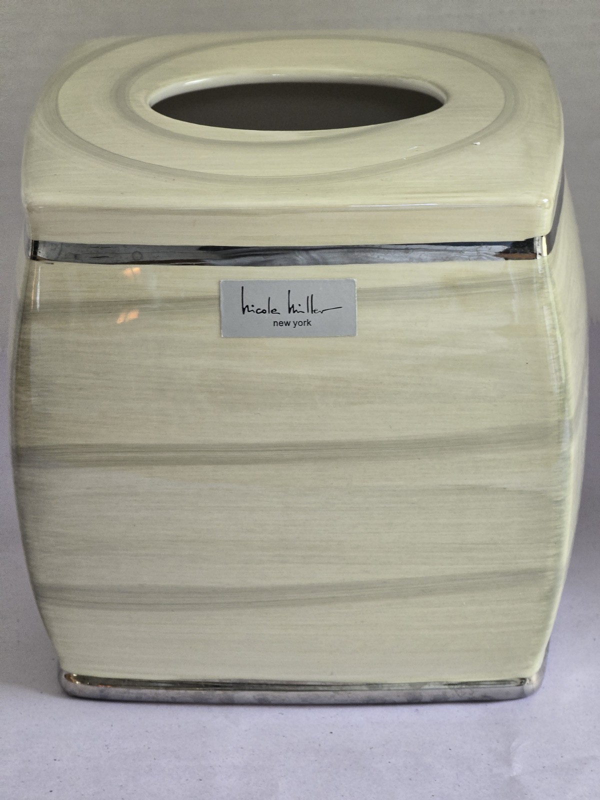 Ceramic Tissue Box Cover Sage Green and Silver Nicole Miller New York gallery