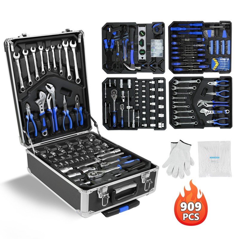 Tool Set Mechanics Tool Kit 910 PCS Wrenches Socket with Trolley Case Box Silver gallery