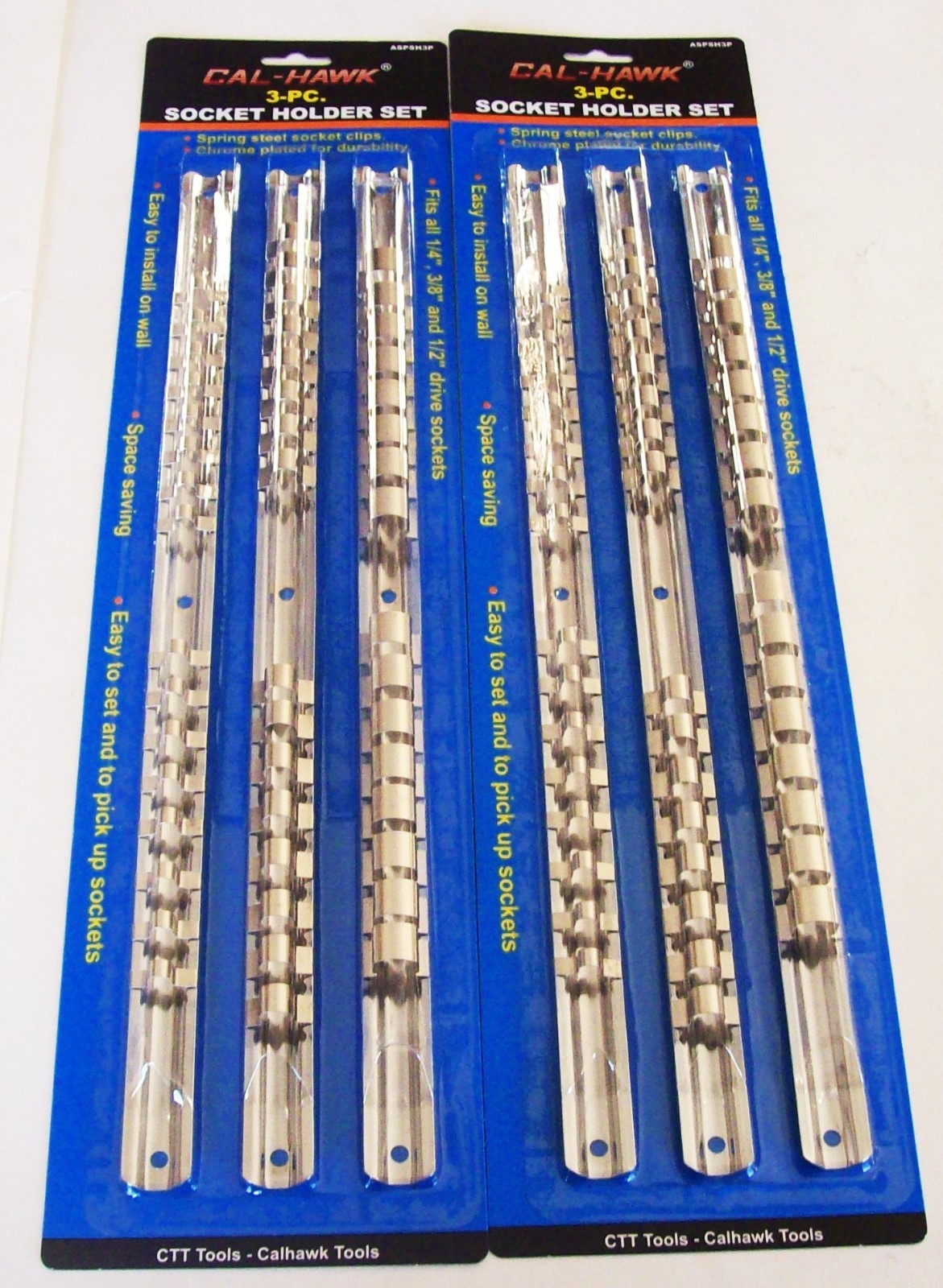 6 CAL-HAWK SOCKET RACK RAILS ORGANIZER HOLDERS 1/4" 3/8" 1/2" 16 CLIPS PER RAIL gallery