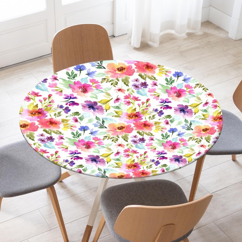 Spring Summer round Fitted Tablecloth with Elastic Edge Watercolor Flower Outdoo gallery