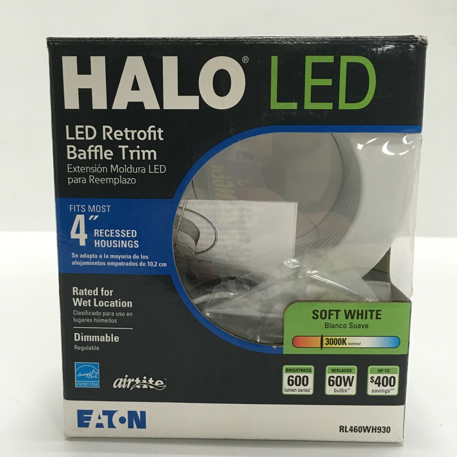 Halo 4 in Recessed Downlight LED 3000K, Dimmable 60W, RL460WH930 Baffle Trim gallery