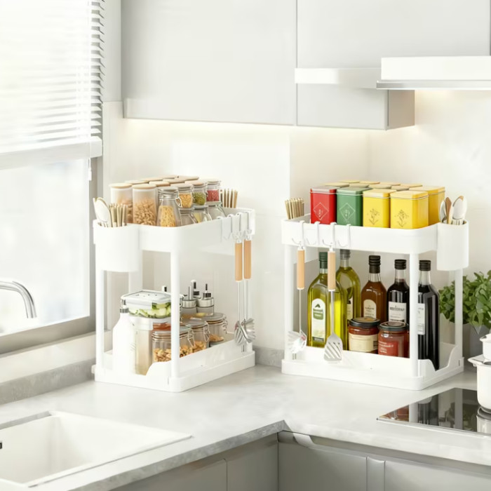 2Pcs White 2-Tier Pull Out Storage Shelf Kitchen Bathroom Counter Organizer gallery