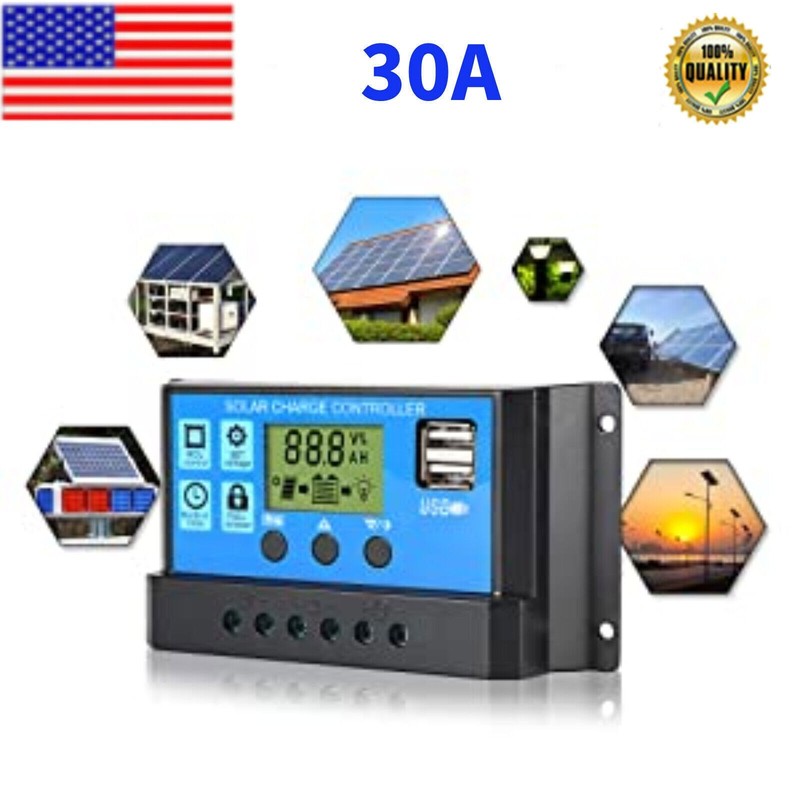 30A Solar Panel Battery Charge Controller 12V/24V LCD Regulator Auto with USB US gallery