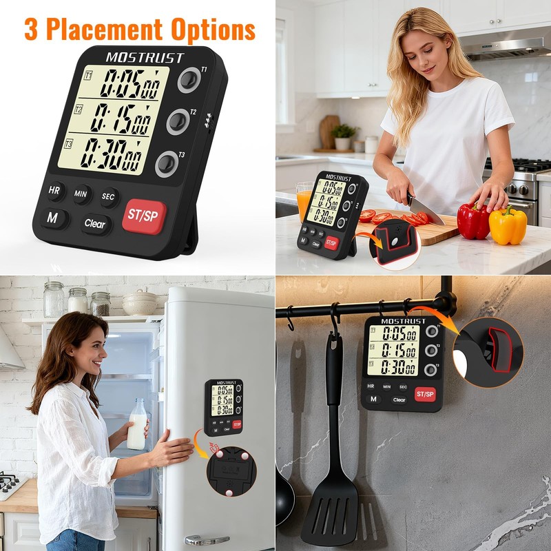 MOSTRUST Digital Dual Kitchen Timer, 3 Channels Triple Countdown 318, Black gallery