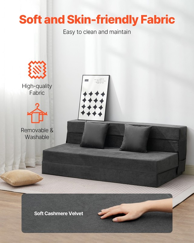 VEVOR Folding Sofa Bed 3-in-1 Foldable Couch Bed with 2 Pillows Dark Grey Queen gallery