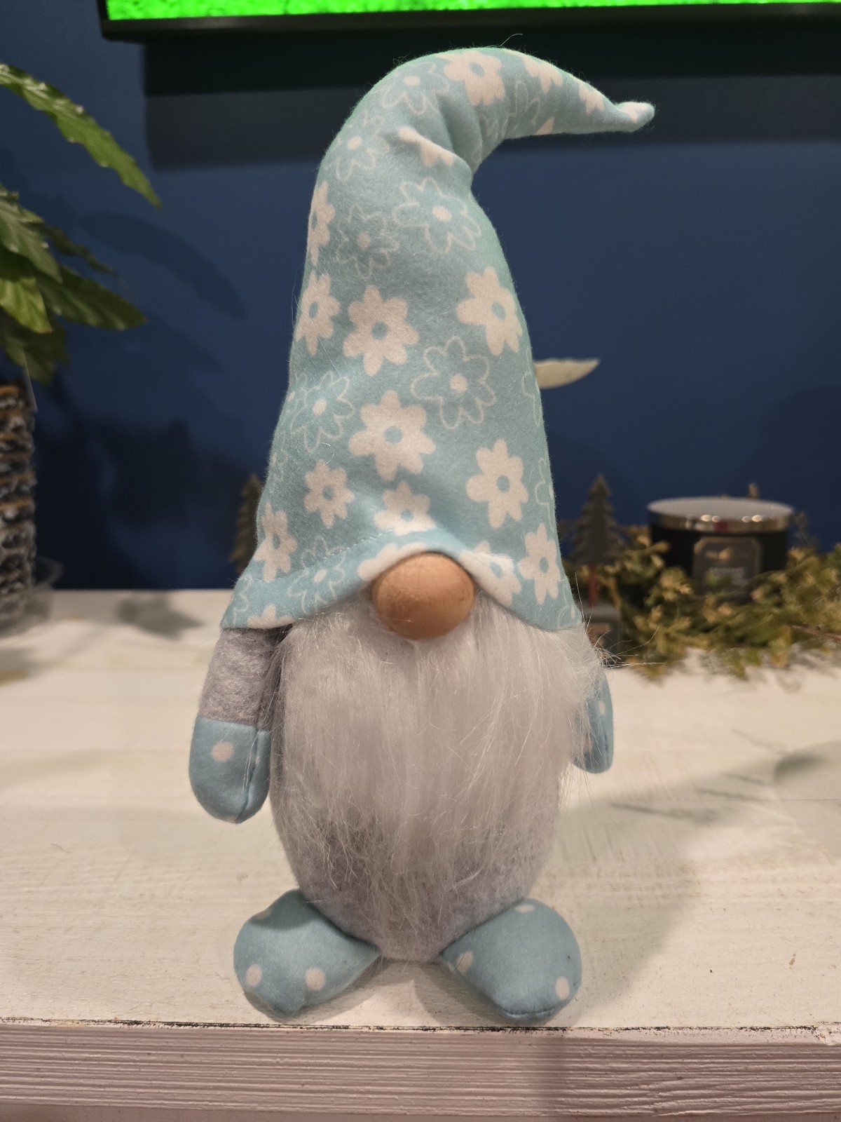 New 14" Blue White Grey With Flower Print Spring Gnome With Weighted Bottom gallery