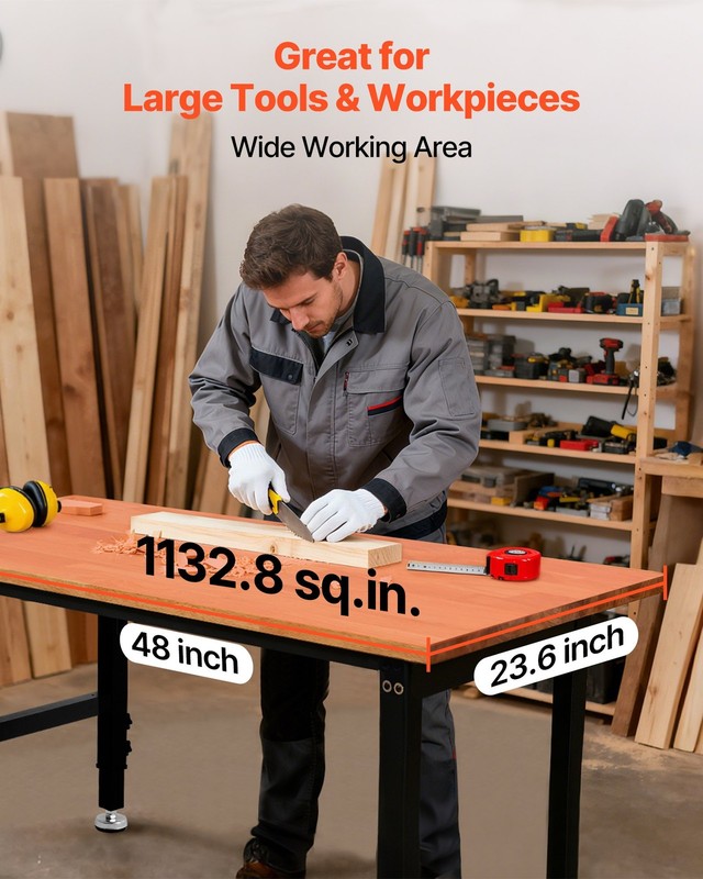 Adjustable Workbench, 1500 lbs Capacity, 48 x 24 Inch Oak Wood Top Workbench wit gallery
