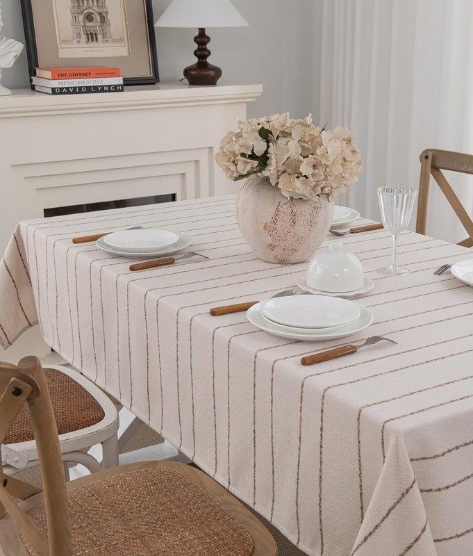 Beige Rectangle Tablecloth 55x70 Inch, Cotton Linen Polyester Blend Stripes gallery