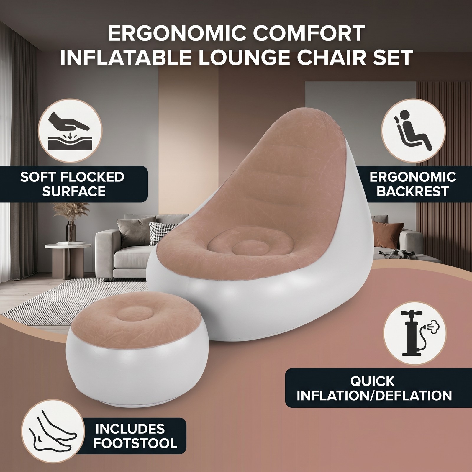 Inflatable Chair Ergonomic Flocked PVC Air Sofa Easy Inflate Deflate Foldable gallery