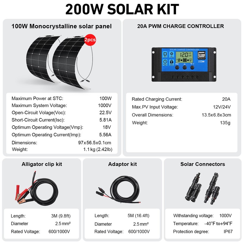 DOKIO 200W 18V Flexible Solar Panel Kit for 12V Battery Charging Boat Off Grid gallery