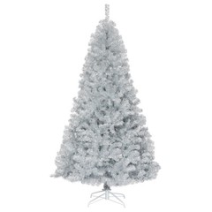 7.5Ft Hinged Unlit Artificial Silver Tinsel Christmas Tree Holiday w/Metal Stand