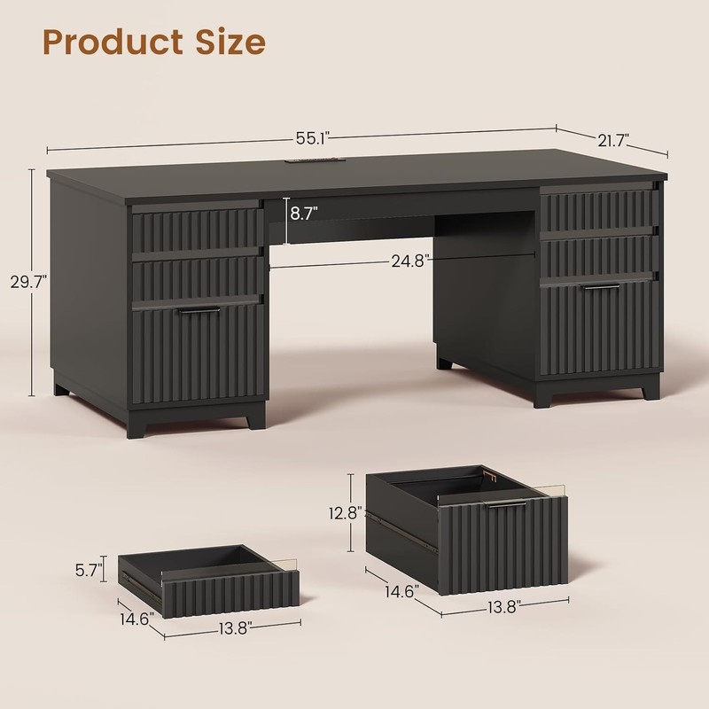 55.1" Fluted Computer Desk with 6 Drawers Modern Executive Desk for Home Office gallery