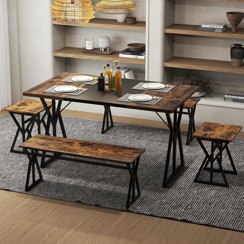 Space-Saving 5-Piece Dining Set for 4-6 with Benches and Stools, 55-Inch Table gallery