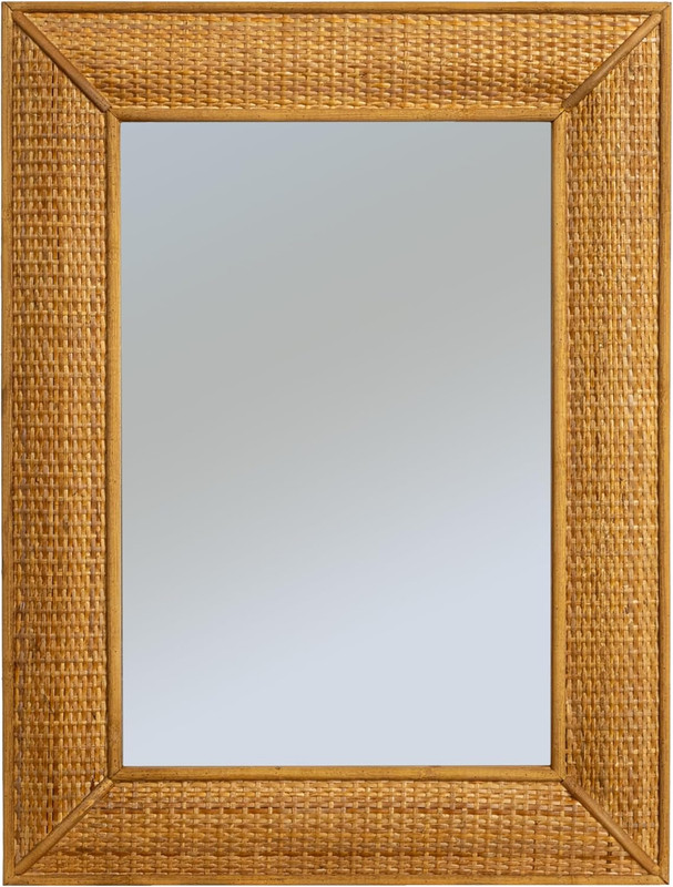 Creative Co-Op Rectangle Wood Framed Wall Mirror with Rattan Detail, Brown gallery